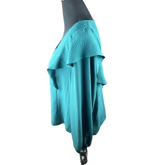 Nine west green v neck ruffle long sleeve button up blouse Xl girly career - Picture 4 of 8